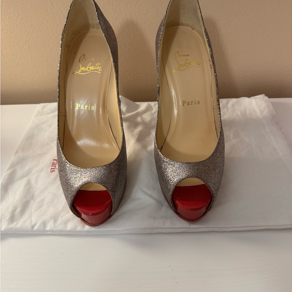 Christian Louboutin Glitter Peep Toe Heels - Silver and Red